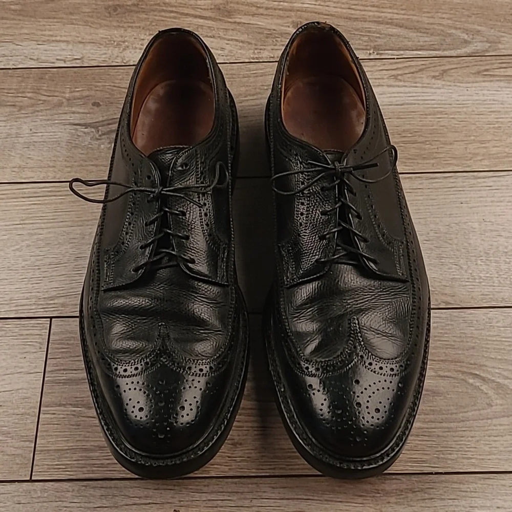 FLORSHEIM Imperial Black Leather Long Wing Tip Sz 11 B Mens‎ Dress Shoes VTG